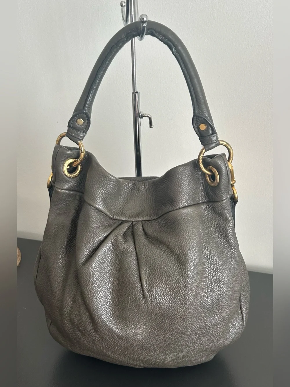 Marc Jacobs Olive Gray Pebbled Leather Hobo Bag Convertible Crossbody